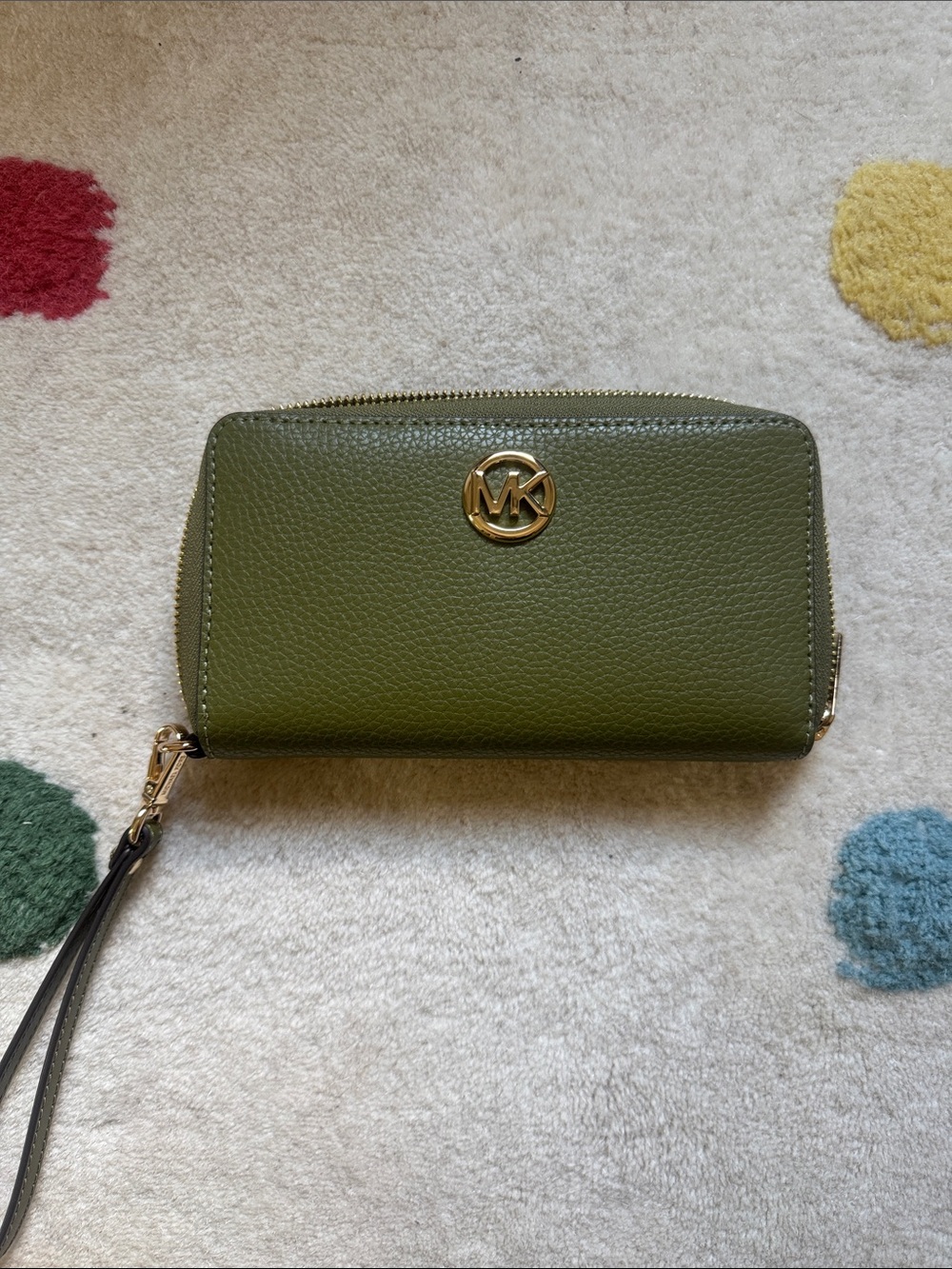 Michael Kors Olive Green Pebbled Zip Wristlet Wallet with Gold MK Logo